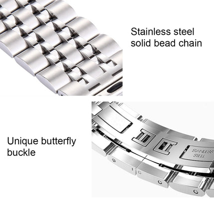 Correa de reloj de acero inoxidable con hebilla de mariposa oculta y 7 cuentas para Apple Watch de 42 mm (dorado plateado), 20 mm para mujer