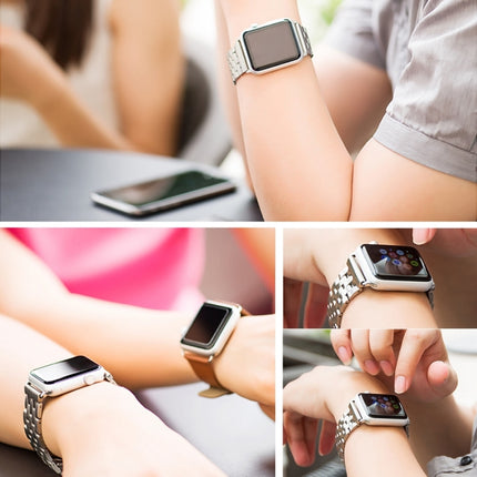 Correa de reloj de acero inoxidable con hebilla de mariposa oculta y 7 cuentas para Apple Watch de 42 mm (dorado plateado), 20 mm para mujer