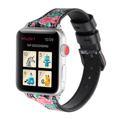 Letter T Shape Simple Floral Genuine Leather Wrist Watch Band with Stainless Steel Buckle for Apple Watch Series 3 & 2 & 1 38mm, 38mm