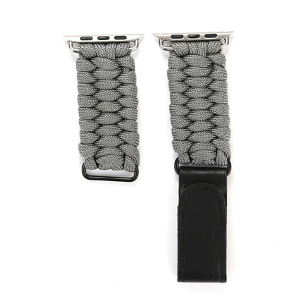 Magic Paste Genuine Leather Umbrella Rope Nylon Wrist Watch Band with Stainless Steel Buckle for Apple Watch Ultra 49mm&Watch Ultra 2 49mm / Series 10 46mm / 9&8&7 45mm / SE 3&SE 2&6&SE&5&4 44mm / 3&2&1 42mm, 7 45mm / 6&SE&5&4 44mm / 3&2&1 42mm