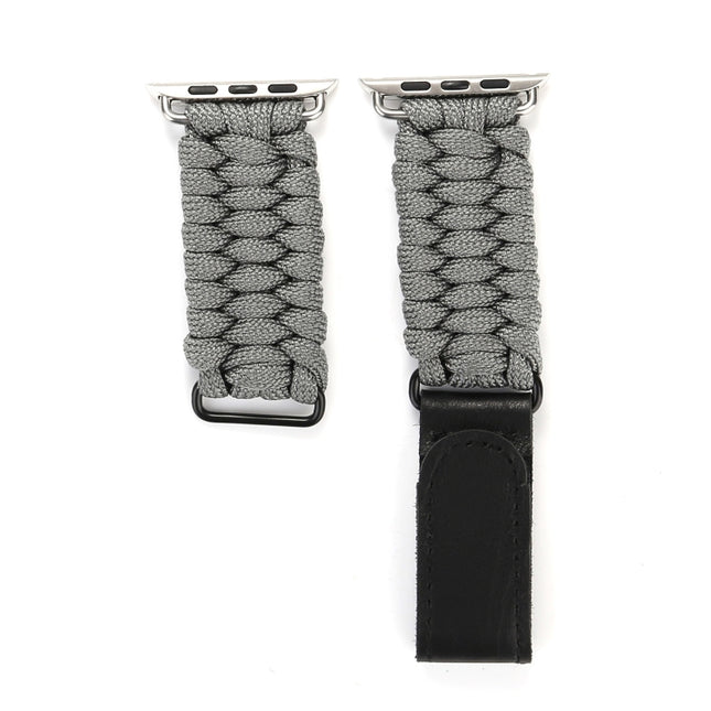 Magic Paste Genuine Leather Umbrella Rope Nylon Wrist Watch Band with Stainless Steel Buckle for Apple Watch Ultra 49mm&Watch Ultra 2 49mm / Series 10 46mm / 9&8&7 45mm / SE 3&SE 2&6&SE&5&4 44mm / 3&2&1 42mm, 7 45mm / 6&SE&5&4 44mm / 3&2&1 42mm