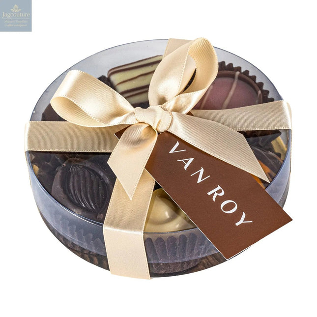 Assorted Belgian chocolates in 10cm cello round with ribbon