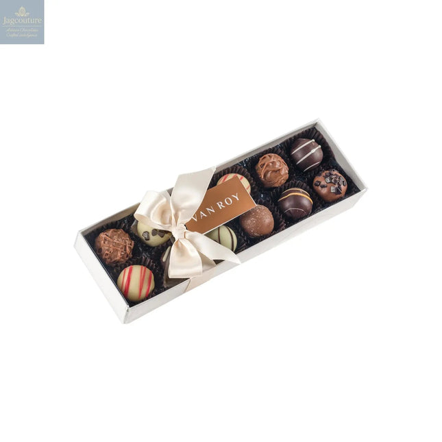 Assorted truffle selection in grey base with cello lid, ribbon and tag