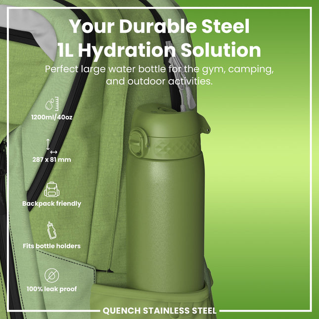 Leak Proof 1 Litre Water Bottle, Stainless Steel, Khaki Green, 1L