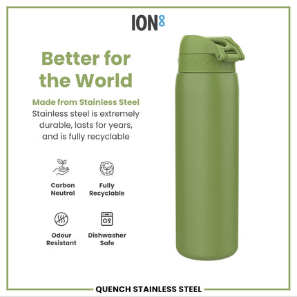 Leak Proof 1 Litre Water Bottle, Stainless Steel, Khaki Green, 1L