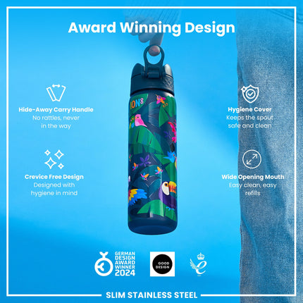 Leak Proof Slim Water Bottle, Stainless Steel, Exotic Birds, 600ml (20oz)