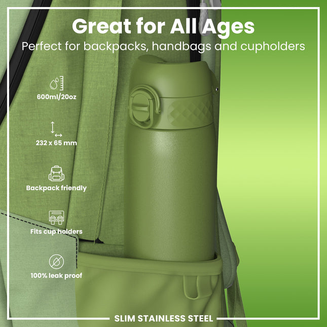 Leak Proof Slim Water Bottle, Stainless Steel, Khaki Green, 600ml (20oz)