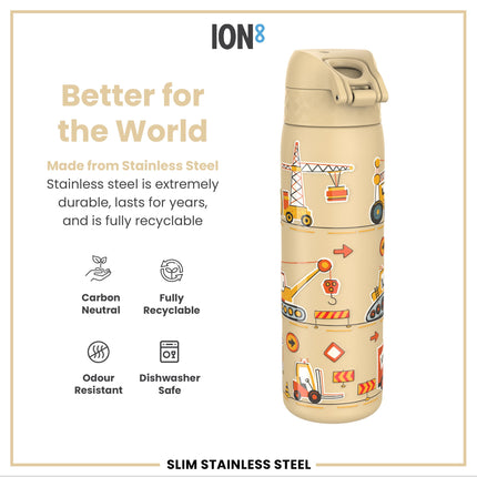 Leak Proof Slim Water Bottle, Stainless Steel, Diggers, 600ml (20oz)