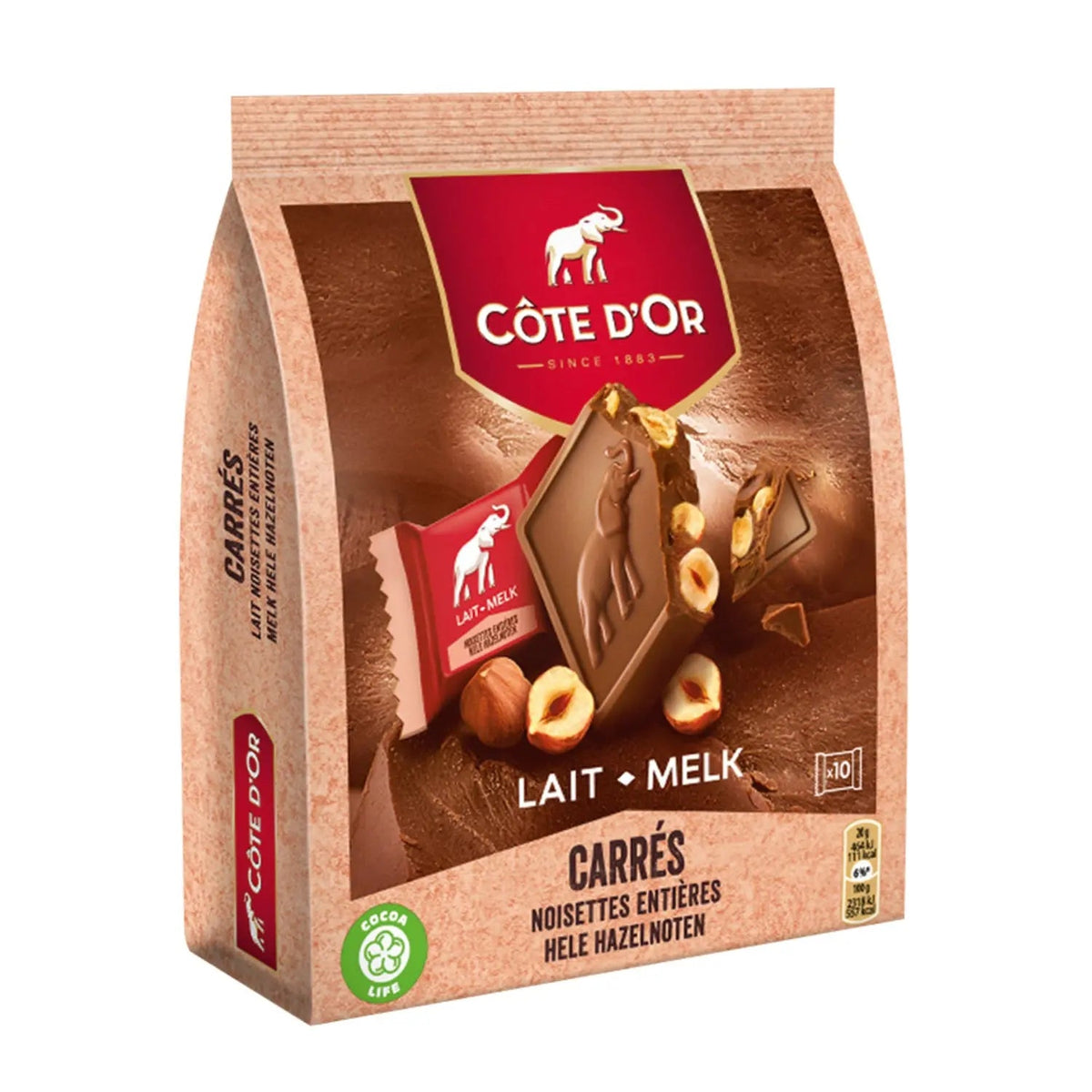 Cote d'Or Carres Noot - individually wrapped milk chocolate squares with milk hazelnuts in pouch