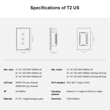Sonoff T2 Touch 120mm Tempered Glass Panel Wall Switch Smart Home Light Touch Switch, Compatible with Alexa and Google Home, AC 100V-240V, US Plug, 120mm/ 2 US Plug