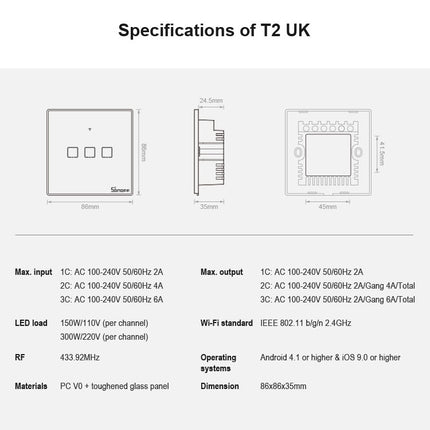 Sonoff T2 Touch 86mm Tempered Glass Panel Wall Switch Smart Home Light Touch Switch, Compatible with Alexa and Google Home, AC 100V-240V, UK Plug, 86mm/ 2 UK Plug