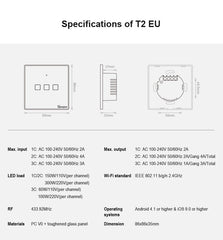 Sonoff T2 Touch 86mm Tempered Glass Panel Wall Switch Smart Home Light Touch Switch, Compatible with Alexa and Google Home, AC 100V-240V, EU Plug, 86mm/ 2 EU Plug