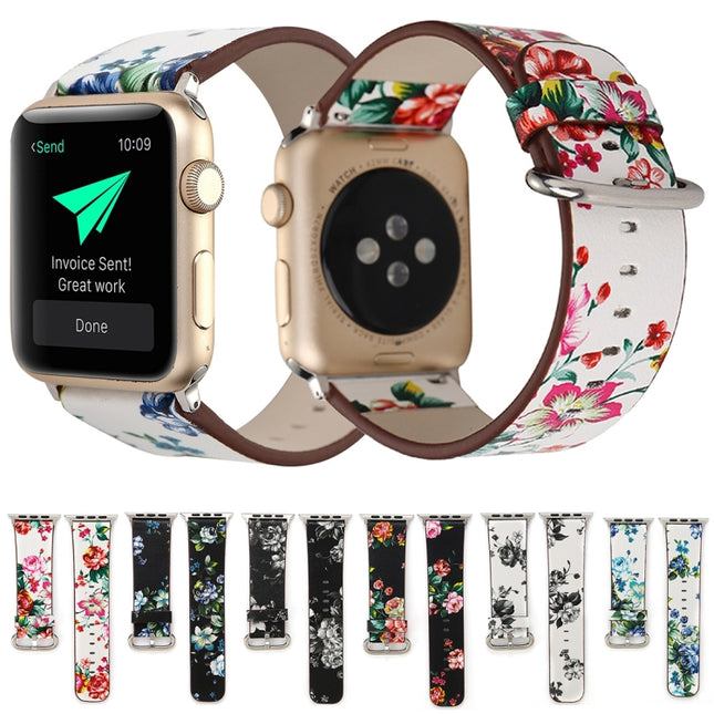 For Apple Watch Ultra 49mm&Watch Ultra 2 49mm / Series 10 46mm / 9&8&7 45mm / SE 3&SE 2&6&SE&5&4 44mm / 3&2&1 42mm Fashion Pastoralism Style Little Floral Pattern Women Watch Leather Watch Band, For 42mm A, For 42mm B, For 42mm C, For 42mm D, For 42mm ...
