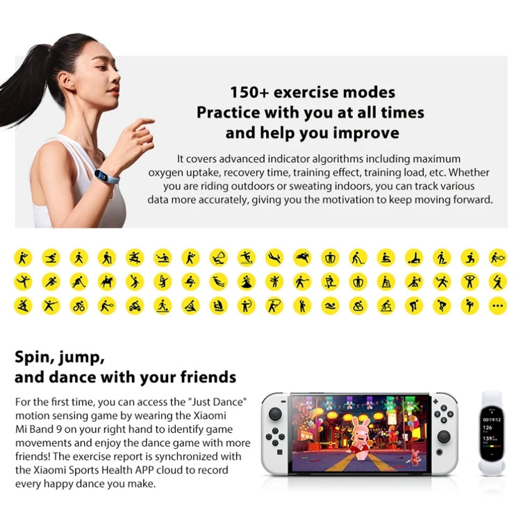 Original Xiaomi Mi Band 9 1,62 Zoll AMOLED-Bildschirm 5ATM wasserdichte Smartwatch, unterstützt Blutsauerstoff-/Herzfrequenzmonitor, Smart Band 9 Schwarz, Smart Band 9 Pink, Smart Band 9 Blau, Smart Band 9 Silber