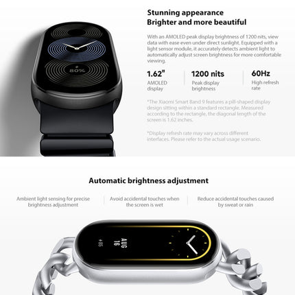 Original Xiaomi Smart Band 9 Global 1.62 inch AMOLED Screen 5ATM Waterproof Smart Watch, Support Blood Oxygen / Heart Rate Monitor, Smart Band 9 Global Silver, Smart Band 9 Global Black