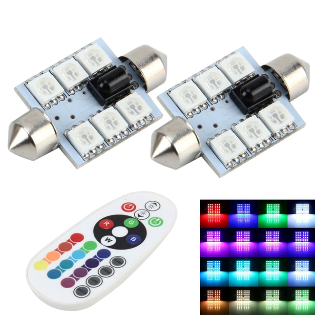 2 PCS Colorful 36MM Bicuspid Remote Control Car Dome Lamp LED Reading Light with 6 LED Lights