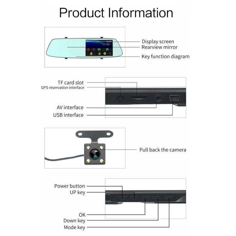 G705 5 inch LCD Touch Screen Rear View Mirror Car Recorder with Separate Camera, 170 Degree Wide Angle Viewing, Support Loop Video / Motion Detection / G-Sensor / TF Card, G705