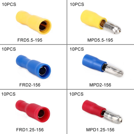 60 in 1 Mixed Cold Press Electrical Insulated Terminals Bullet Solderless Crimp Connectors Kit, 60 in 1
