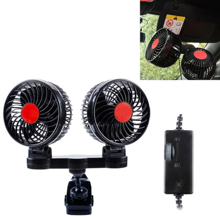 HUXIN HX-T606E 12W 360 Degree Adjustable Rotation Clip Two Head Low Noise Mini Electric Car Fan with Roller Switch, DC24V