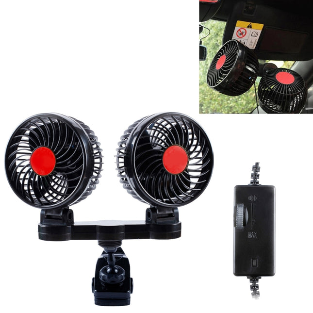 HUXIN HX-T606E 12W 360 Degree Adjustable Rotation Clip Two Head Low Noise Mini Electric Car Fan with Roller Switch, DC24V