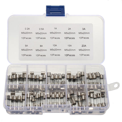 100 PCS 5 x 20mm Fuse Assorted Kits Glass Fuses Tube 0.2A 0.5A 1A 2A 3A 5A 8A 10A 15A 20A, 100pcs 5 x 20mm