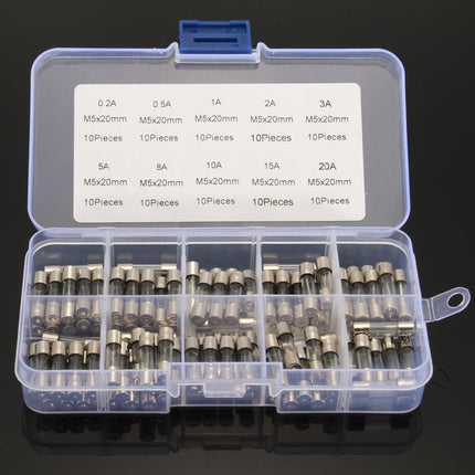 100 PCS 5 x 20mm Fuse Assorted Kits Glass Fuses Tube 0.2A 0.5A 1A 2A 3A 5A 8A 10A 15A 20A, 100pcs 5 x 20mm