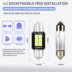 2 PCS 36mm DC12V-24V 3W 6000K 660LM 6LEDs SMD-3030 Car Reading Lamp / License Plate Light