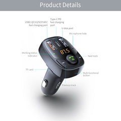 ROCK B301 Dual USB + PD Bluetooth 5.0 FM Transmitter & Car Charger, Support TF Card / U-disk, B301