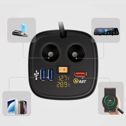 Universal Car QO3.0 Three Port USB Charger Power Outlet Adapter with LED Digital Voltmeter and Thermometer