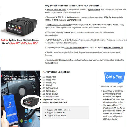 Vgate VLINKER MC+ V2.2 Bluetooth 4.0 Car OBD Fault Diagnosis Detector, MC+ V2.2 Bluetooth 4.0