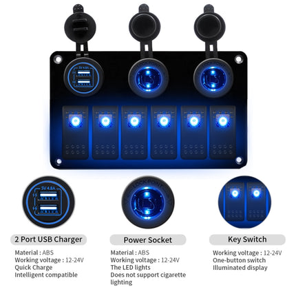 Multi-functional Combination Switch Panel 12V / 24V 6 Way Switches + Dual USB Charger for Car RV Marine Boat
