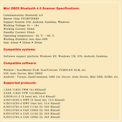 Mini Bluetooth 4.0 ELM327 OBD Car Fault Diagnostic Scanner, Bluetooth 4.0