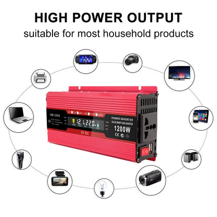 Carmaer Universal 12V to 220V 1200W Car LCD Display Inverter Household Power Converter, Universal 12V to 220V 1200W
