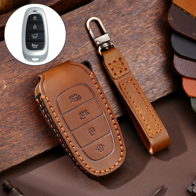 Hallmo Car Cowhide Leather Key Protective Cover Key Case for Hyundai 4-button, For Hyundai 4-button