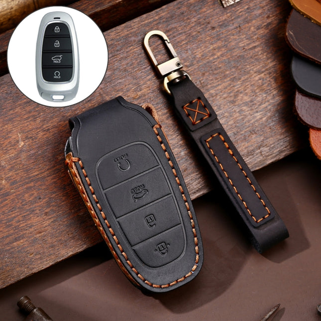 Hallmo Car Cowhide Leather Key Protective Cover Key Case for Hyundai 4-button Start, For Hyundai 4-button Start