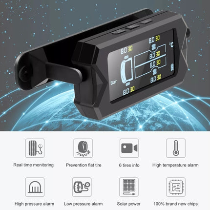 15Bar Solar Wireless Tire Pressure Monitoring System TPMS 6 External Sensors for 6-wheel Truck Bus, 15Bar
