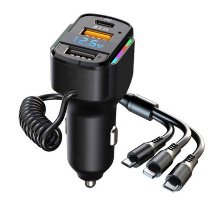 K4 Car 3 in 1 PD + USB Dual Port Fast Charger with Spring Data Cable, K4