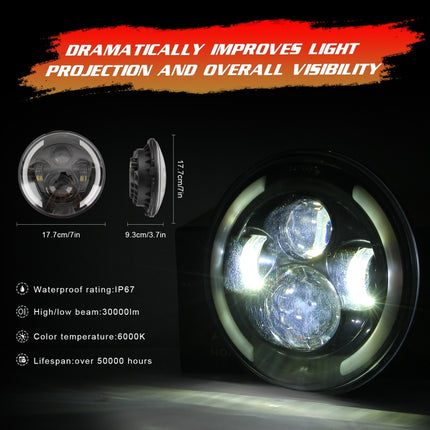 7 inch H4 / H13 DC 9V-30V 3000LM 3000K-6000K 25W Car Round Shape LED Headlight Lamps for Jeep Wrangler, with Angel Eye