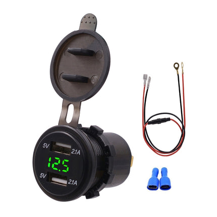 Universal Car Dual Port USB Charger Power Outlet Adapter 4.2A 5V IP66 with LED Digital Voltmeter + 60cm Cable