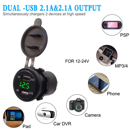 Universal Car Dual Port USB Charger Power Outlet Adapter 4.2A 5V IP66 with LED Digital Voltmeter + 60cm Cable