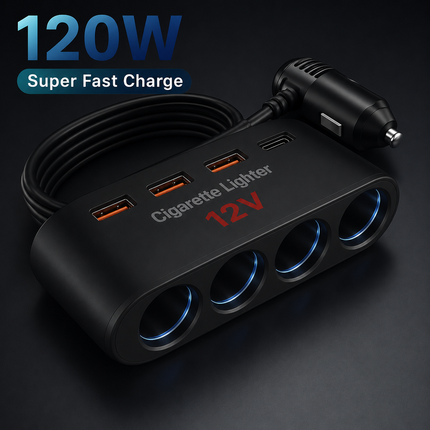 Car Cigarette Lighter Splitter with USB & PD Charging Ports – 3 Socket Adapter