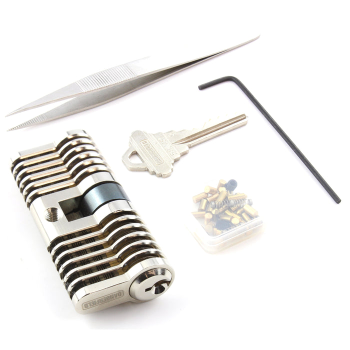 Dangerfield Aerospace Cutaway Practice Lock +Pins and Tweezers - Repinnable, Configurable Solid Metal Training Lock