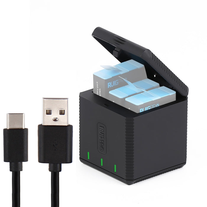 RUIGPRO USB Triple Batteries Housing Charger Box with Cable & Indicator Light for GoPro HERO9 Black / HERO10 Black