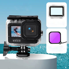 Waterproof Case + Touch Back Cover + Color Lens Filter for GoPro HERO10 Black / HERO9 Black, Case + Touch Cover + Pink Filter for GoPro9, Case + Touch Cover + Purple Filter for GoPro9, Case + Touch Cover + Red Filter for GoPro9