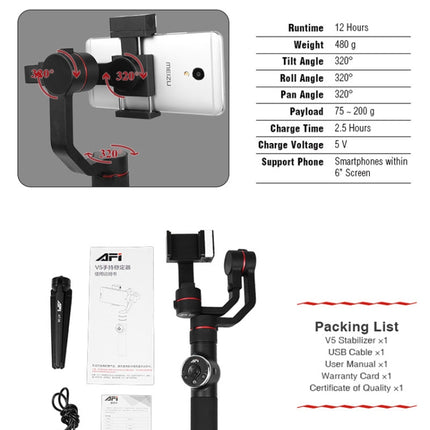 AFI V5 Smooth 3-Axis Handheld Aluminum Brushless Gimbal Stabilizer with Tripod Mount & Fill Light for Smartphones within 6 inch, Support Face Tracking