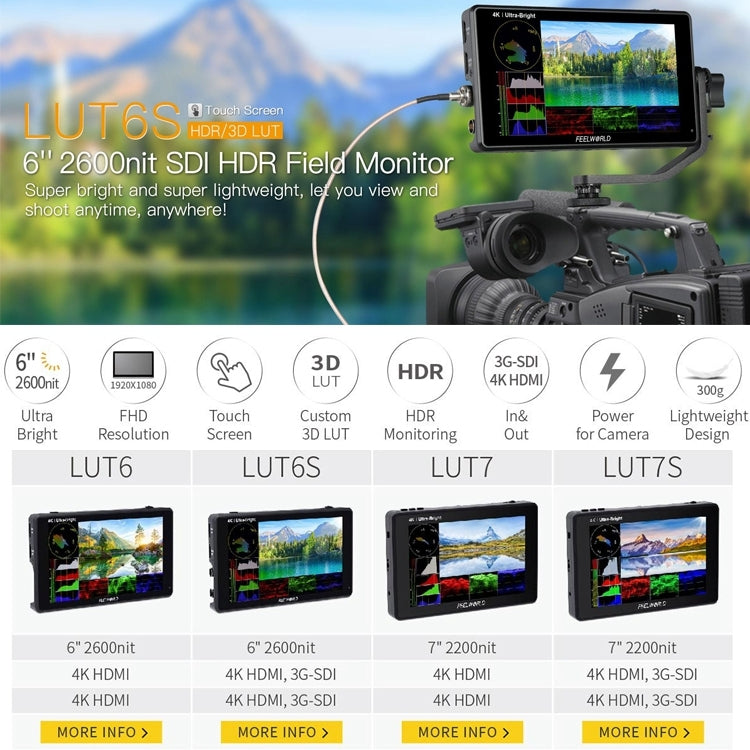 FEELWORLD LUT6S 1920x1080 2600 nits 6 inch IPS Screen HDMI 4K Touch Screen SDI HDI Camera Field Monitor, LUT6S
