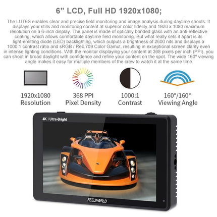 FEELWORLD LUT6S 1920x1080 2600 nits 6 inch IPS Screen HDMI 4K Touch Screen SDI HDI Camera Field Monitor