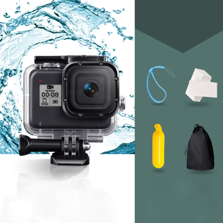 For GoPro HERO8 Black 45m Waterproof Housing Protective Case with Buckle Basic Mount & Screw & Floating Bobber Grip & Strap & Anti-Fog Inserts, Transparent HERO8 Case