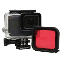 For GoPro HERO5 30m Waterproof PC & ABS Housing Protective Case + Camera Lens Red Quadrate Filter with Buckle Basic Mount & Long Screw & Anti-lost Hand Strap, Protective Case + Filter