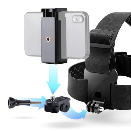 Correa de cabeza ajustable con montaje elástico con abrazadera para teléfono y tornillo y adaptador tipo S para GoPro HERO10 Black / HERO9 Black /8 /7 /6 /5, Xiaoyi y otras cámaras de acción, teléfonos inteligentes